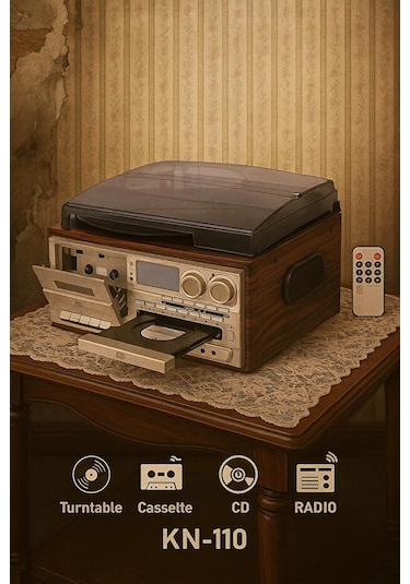 Kn-110 Vintage Plak Cd Kaset Usb Bluetooth Tf Aux Özelikli Pikap Kahverengi