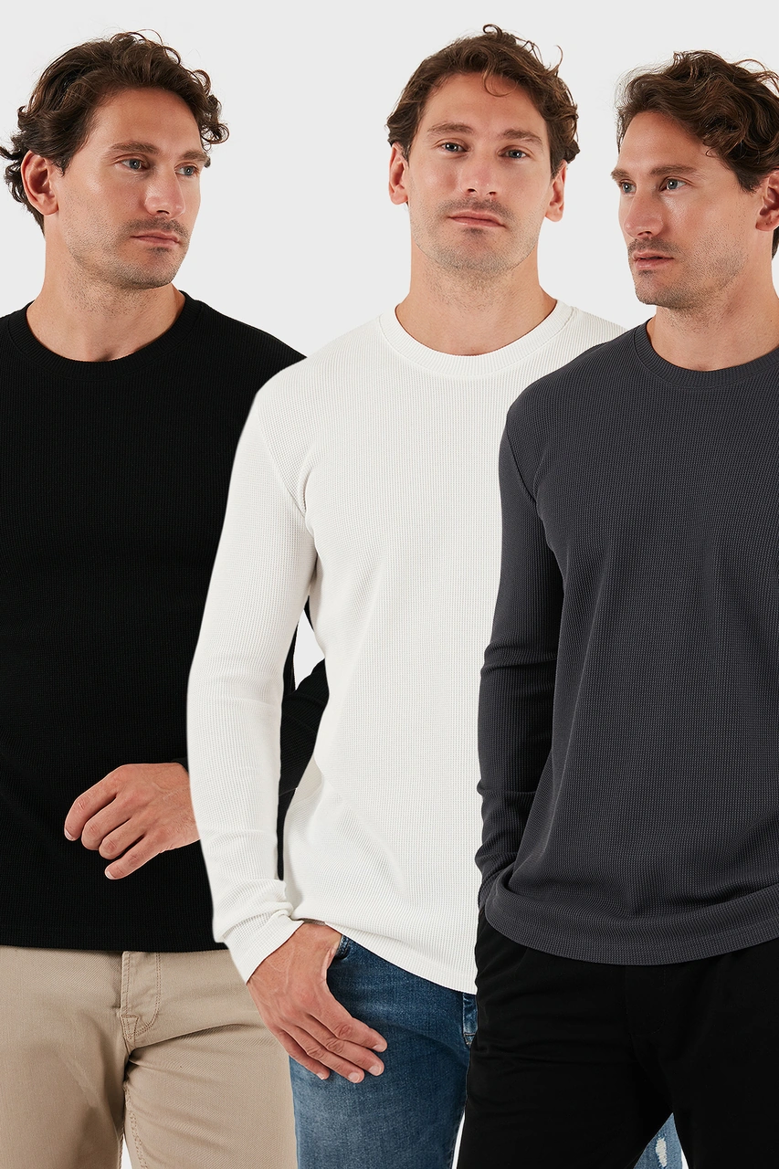 Buratti Pamuklu Bisklet Yaka Slim Fit Basic 3'Lü Paket Erkek Sweat 5905073S3 Ekru-Antrasit-Siyah