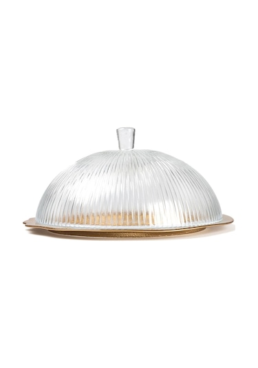 Cam Kapaklı Gold Altlı Kek Fanusu Sunum Fanusu 32 Cm