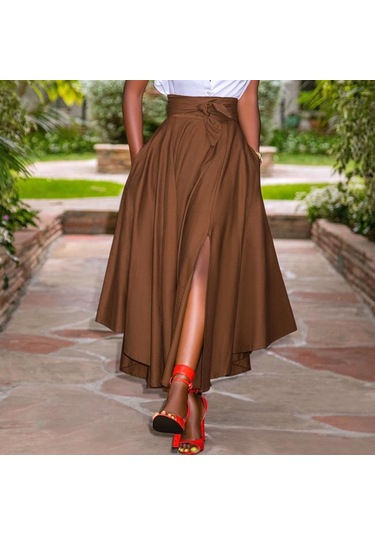 Zanzea Bayan Yaz Yüksek Bel A Hattı Yırtmaçlı Etek Cepli Kahverengi