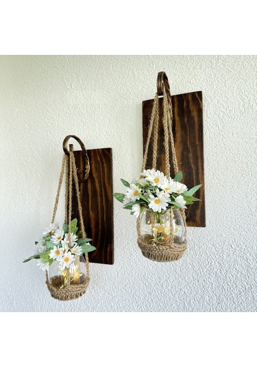 Papatya Çiçekli, Ledli Ceviz Aplik, 2’Li Set Diğer