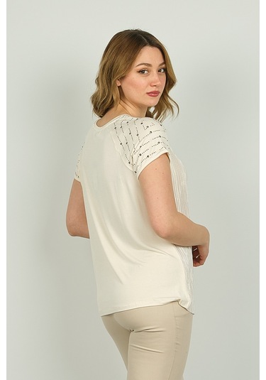 Ella Camelia Kadın Omzu Taş Detaylı Desenli Bluz 18e013 Krem