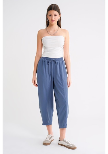 4307 Kadın Beli Lastikli Parçalı Şalvar Pantolon İndigo Indigo