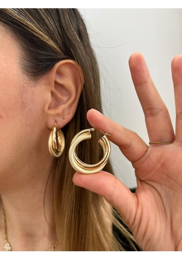 Altın Nesil 14 Ayar Altın Çift Halka Kalın Boru Yuvarlak Küpe Sarı Altın