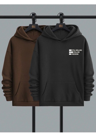 2'li Still Freedom Kalın Kışlık Sweatshirt - Siyah Kahverengi Baskılı Oversize Kapüşonlu Siyah Kahverengi