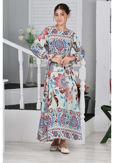 Kız Çocuk Viskon Kumaş Desenli Uzun Elbise Yeşil