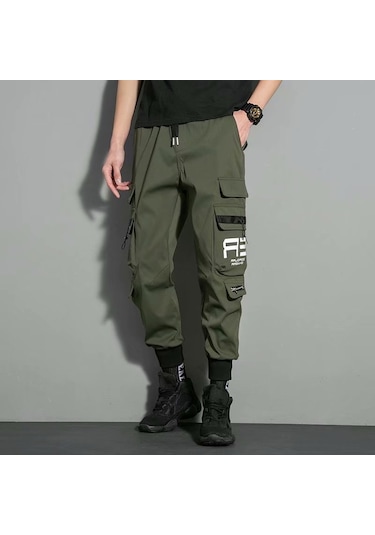 Sones Erkek Bağcıklı Pantolon Bol Kesim Pantolon Çoklu Cepli Yeşil