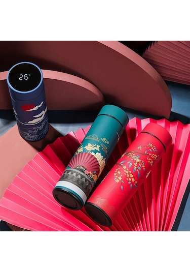 Gökyüzü Kapaklı Çift Katmanlı Ekran Çin Tarzı Kahve Tumbler Su Şişesi Termos Termos Bardak