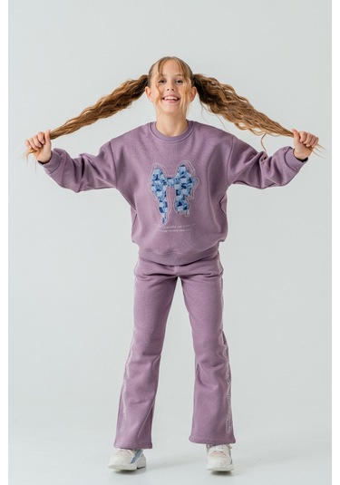 Kız Çocuk Fiyonk Nakışlı Taşlı 3 İplik Kalın Kışlık Eşofman Takımı Ak4222 Mor