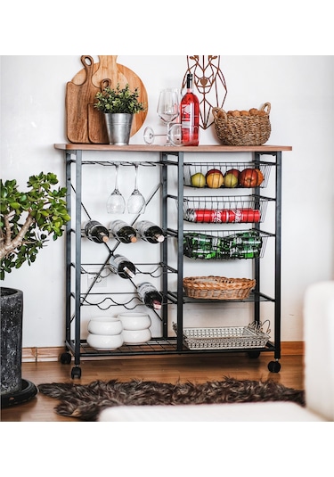 Tekerlekli Raf Mutfak Bangosu Şaraplık Kahve Köşesi 5195
