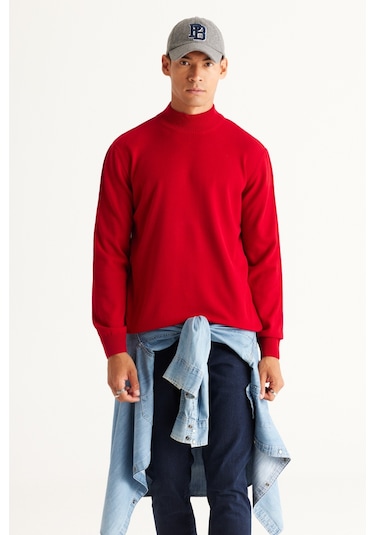 AC&Co / Altınyıldız Classics Erkek Kırmızı Standart Fit Normal Kesim Yarım Balıkçı Yaka Triko Kırmızı