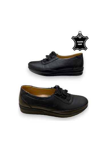 Günlük Kadın Hakiki Deri Comfort Tam Ortopedik Anne Ayakkabısı Siyah Lastikli Siyah