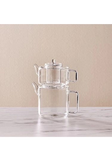 Borosilikat Cam Çaydalık Takımı 1,8+1,1 Litre Beyaz