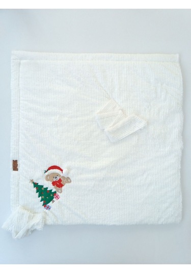 Kışlık Bebek Battaniyesi & Kundağı - Çam Ağacı & Ayıcık Işlemeli Hastane Çıkışı - Yeni Yıla Özel Ekru