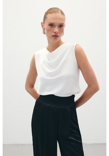 Sateen Degaje Yaka Saten Bluz - Ekru-136072 Ekru