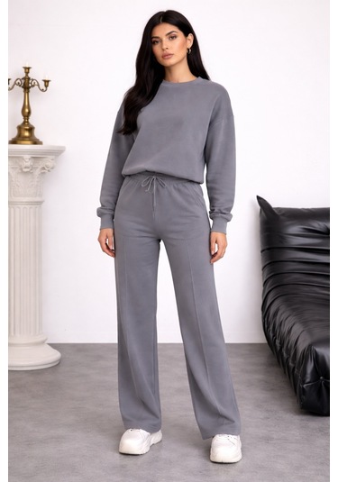 Balenbi Oversize Bisiklet Yaka Basic Modal Kadın Takım 1206 - Form Serisi Gri