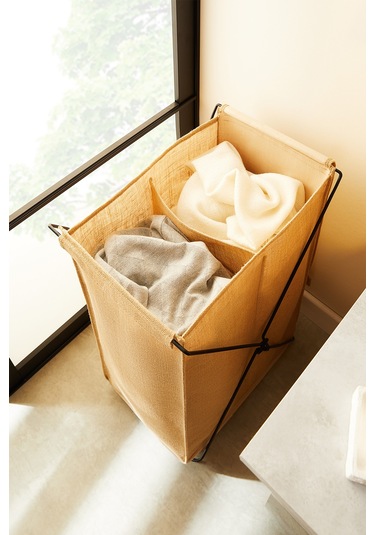 Ocean Home Textile Katlanabilir Bölmeli Siyah Metal Destekli Naturel Jüt Çamaşır Sepeti 44 x 29.5 x 63 cm