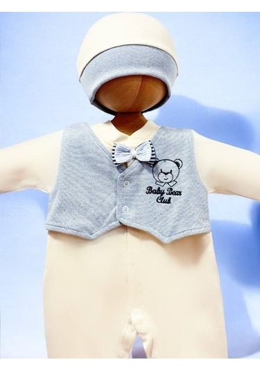 Erkek Bebek Ayıcıklı Papyon Detaylı Tulum-15299 Bej