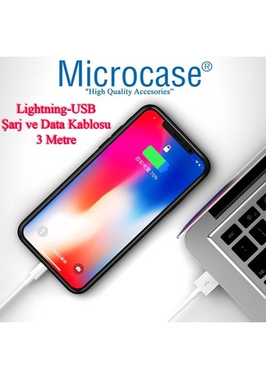 Microcase iPhone Apple Uyumlu iPad  Lightning Usb Şarj Ve Data Kablosu - 3 Metre Beyaz