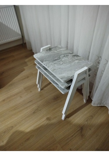 Zigon Sehpa 3'lü Mermer Desenli Tepsi Model Gri Mermer Desen Beyaz Ayak Gri Mermer