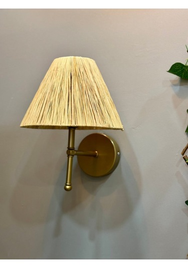 Rafya Saçaksız Bohem Hasır El Yapımı E27 Ampül Kablolu Aplik - Alt Eskitme Gold Natural