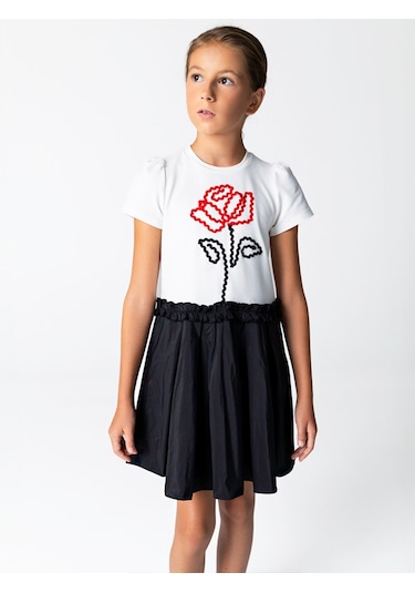 Sheshe Gül Desenli Örme Üst Tafta Etek Elbise Renkli