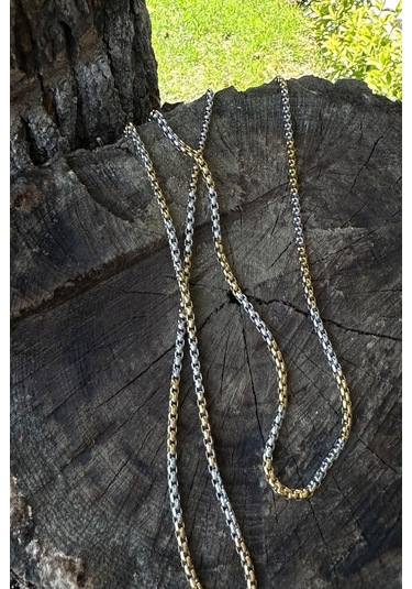 Örgü Model Şık Tasarım Silver Gold Renk Gümüş Ve Altın Renk 316l Çelik Zincir Kolye 65cm Altın - Gümüş