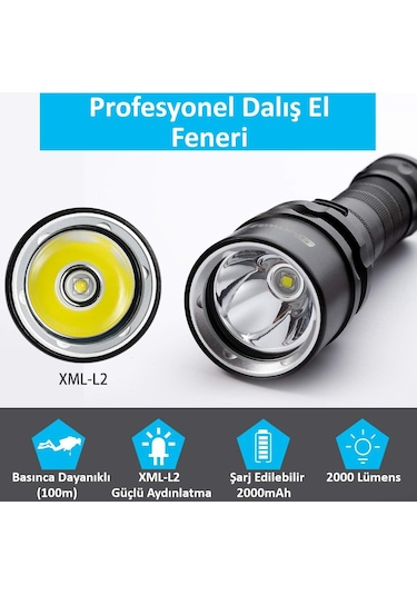 Valkyrie Şarjlı Profesyonel Su Altı Dalış Feneri Yüksek Aydınlatma Su Geçirmez Aluminyum Kasa 2000mah Kutulu