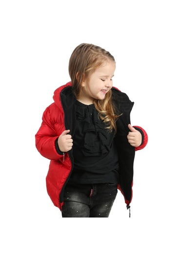 Kız Çocuk Kırmızı Içi Polarlı Kapüşonlu Su Geçirmez Rüzgara Dayanıklı Şişme Kışlık Mont & Kaban Kırmızı