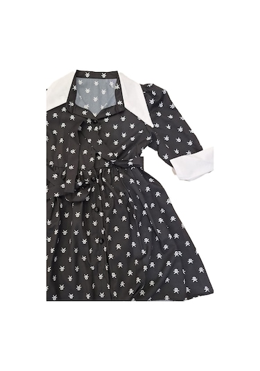 Kız Çocuk Elbise Yaka Ve Manşet Detaylı Boydan Düğmeli Ve Kuşaklı 7-12 Yaş 12420 Siyah