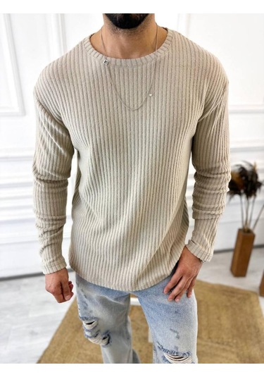 Uzun Kollu Tişört Fitilli Bisiklet Yaka Yumuşak Dokulu Tüylenmez Pamuklu Kazak Sweatshirt Krem