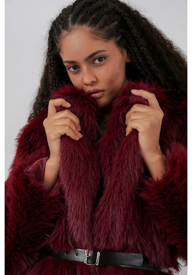 Kadın Kemerli Oversize Kürklü Kaban 9156 - Bordo Bordo