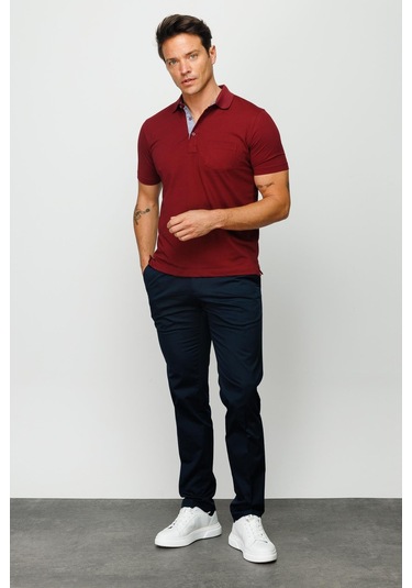 Erkek Polo Yaka Düğmeli Cepli T-shirt Bordo Bordo