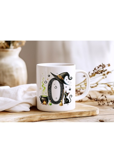 O Harfli Halloween Kedili Figür Kupa Bardak - Şapkalı Ve Kazanlı İsme Özel Kupa - Hediye 07 Beyaz