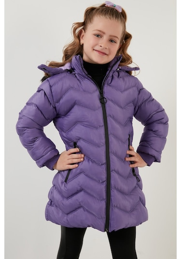 Lela Peluş Astarlı Yakası Suni Kürklü Çıkarılabilir Kapüşonlu Kışlık Kız Çocuk Mont 5766041 Lila