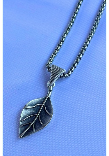 Yapraklı El İşçiliği Paslanmaz Çelik Zincir Erkek Kolye Gümüş