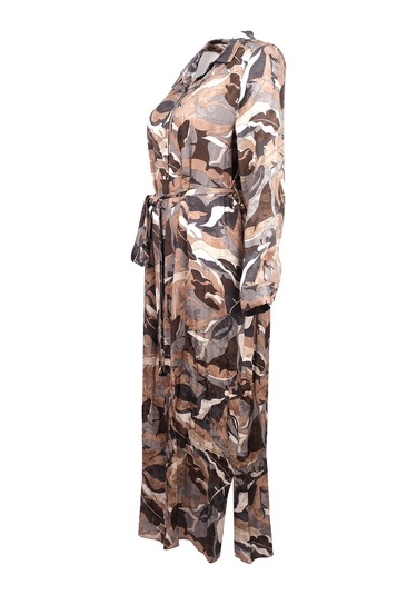 Büyük Beden Desenli Kuşaklı Jakar Elbise Gala-xi Kahverengi