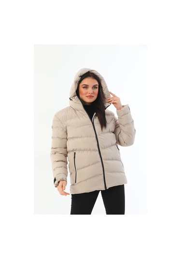 Freemen Kadın Taş Polarlı Kürklü Kapüşonlu Su Geçirmez Rüzgara Dayanıklı Şişme Kışlık Mont Taş