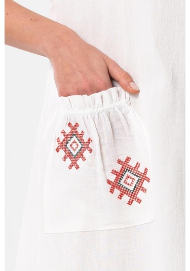 Kolsuz Şile Bezi Kruvaze Yaka Nakışlı Tülin Midi Boy Yazlık Otantik Elbise Krem Krm-krem Krem