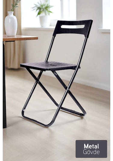 İronika Safran Katlanabilir Metal Gövdeli Sandalye Katlanır Mutfak Bahçe Kamp Sandalyesi Siyah 1 Adet Siyah