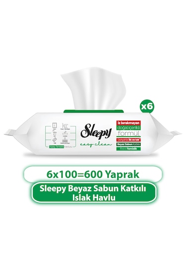 Sleepy Easy Clean Beyaz Sabun Katkılı Yüzey Temizlik Havlusu&Mendili 6x100 (600 Yaprak)