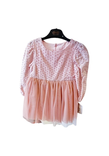 Kız Çocuk Altı Tüllü Üstü Güpürlü Elbise-12684-pudra Pudra