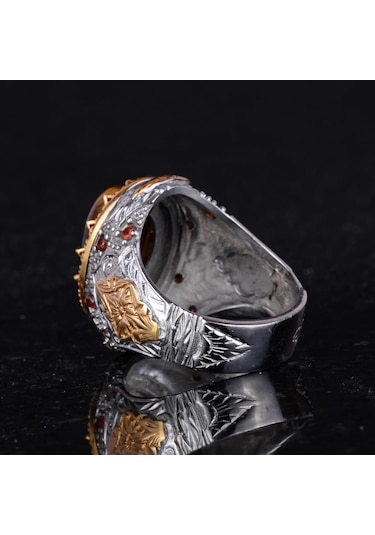 Gerçek Doğal Taş Yüzük - Sultan Yüzük - 925 Ayar Gümüş Yüzük Kaplan Gözü Gümüş