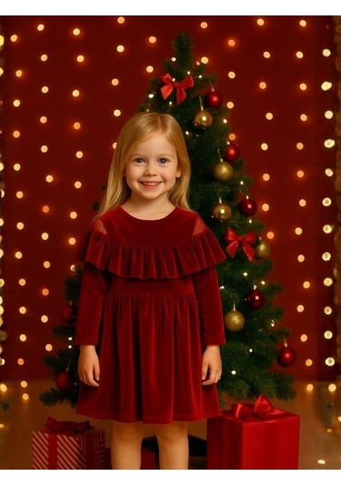 Kız Çocuk Omuzları Açık Kat Kat Fırfırlı Kırmızı Kadife Elbise-16404 Kırmızı