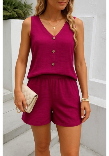 The İstanbul Kadın Askılı Kolsuz V Yakalı Önden Düğmeli Bürümcük Bluz Ve Short Ikili Takım Pembe