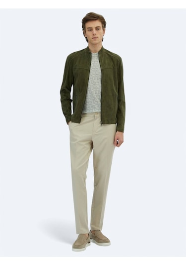 Haki Regular Fit Dik Yaka Smart Casual Deri Mont Haki