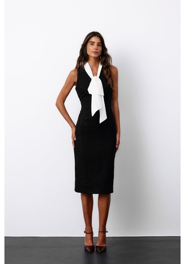 Sateen Fularlı Kolsuz Tüvit Elbise - Siyah-135147 Siyah