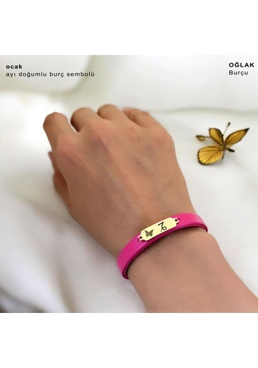 Archin Ocak Ayı Doğumlarına Kelebek Figürlü 14 Ayar Altın Plakalı Pembe Derili Hediye Bileklik-651ay Ocak