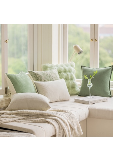 Springsun Nordik Tarz Yeşil Pilli Kılıf, Bitkisel Desenli Soft Polyester Kumaş, Oturma Odası/canlı Oda Yastığı Kılıfı 45x45 Cm, Dolgu Yok Diğer