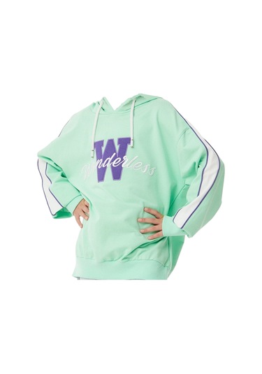 Kız Çocuk Wonderless Yazı Desenli Kolları Şeritli Kapüşonlu Yeşil Sweatshirt 001